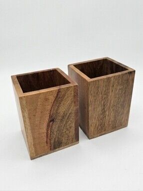 Vintage Solid Wood Pencil Cup Holder Pair Set of 2 Geometric Square Office Desk